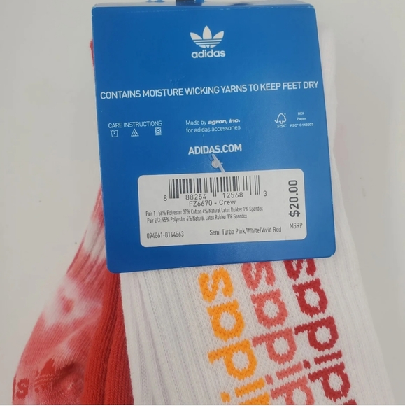 3 Pair Adidas Crew Socks, Men's Shoe Size 6-12, Red, White, Tie Dye - Picture 8 of 8